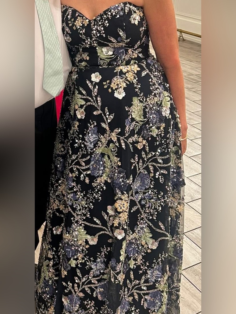 Dress the Population Black Embroidered Floral Strapless Gown